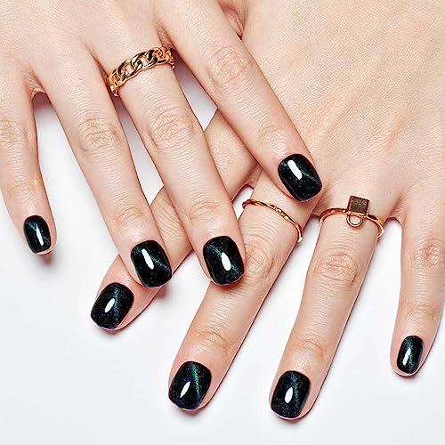Short Square Black Cat Eyes Gel Press on Nails Blue Glitter Reusable Kit for Women - Image 4