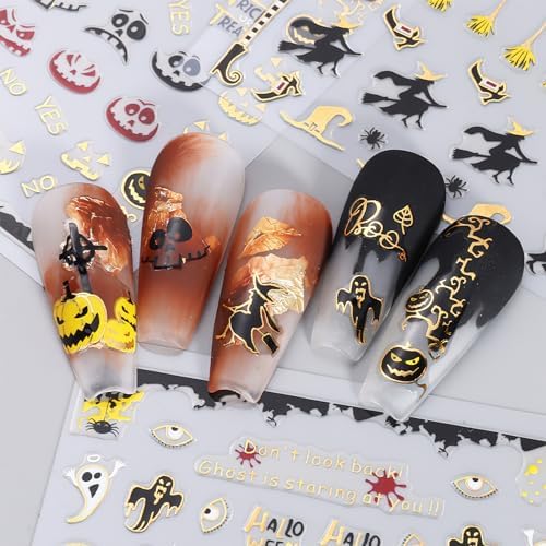 6 Sheets Halloween Nail Art Stickers Bronzing Gold Ghost Decals Stickers 3D Self-Adhesive Star Skull Nail Sticker Luxury Pumpkin Spider Witches Design Nail Supplies for Girls Acrylic Nail Decoration - Image 5