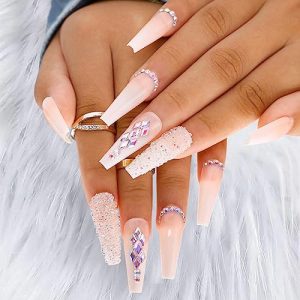 24Pcs Coffin Press on Nails Long Square Fake Nails Rhinestone Glitter Pink Ombre False Nails Art Full Cover Nail Tips Acrylic Nails Press ons Nail Glue Artificial Nails Kit Stick on Nails for Women