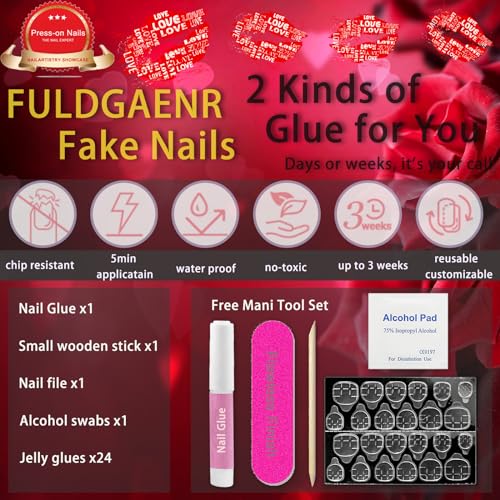 Black Nails French Tip Press on Nails Long Square Fake Nails with Valentines Day Designs Heart Star Charms Glitter Full Cover Acrylic Pink False Nails Medium Glue on Nails for Women and Girls 24Pcs - Image 5