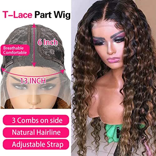 haha Black Brown Highlight Curly Lace Front Wig Human Hair Water Wave Ombre Lace Front Wig Pre Plucked 13x6x1 T Part Lace Frontal Wig Colored Honey Blonde 150% Density #FB30 Glueless 26 Inch - Image 5