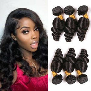 Loose Wave 3 Bundles 16 18 20 Inch Brazilian Virgin Human Hair Unprocessed Remy Hair Weave Extension Double Weft Grade 9A Loose Curl Hair Bundles For Black Women Natural Color
