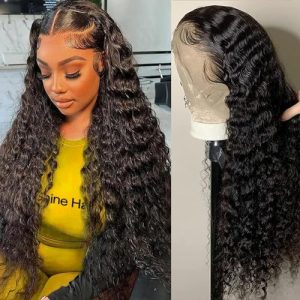 13x6 Lace Front Wigs Human Hair 180 Density 13x6 HD Lace Deep Wave Lace Front Wigs Human Hair Pre Plucked Deep Curly Human Hair Wig Glueless Wigs Human Hair For Women Natural Color 28 Inch