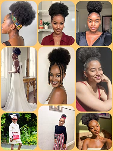 Afro Puff Drawstring Ponytail Human Hair Small Kinky Curly Ponytail Buns Hairpieces 8A Brazilian Virgin Hair Short Clip In Ponytails for Black Women Girls Kids 6 Inch Natural Black - Image 4