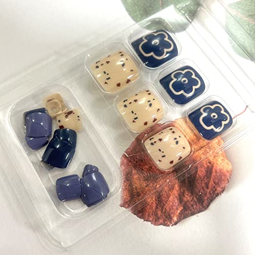 French Tips Press On Toenails Short Square, Full Cover Reusable Toe Nails Tips with Glue, Stick On Toenails with Flower Designs, Artificial Acrylic Nails Summer Blue False Toe Static Nails for Women - Image 5