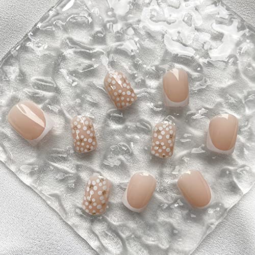 Short Square French Tip Press on Nails with White Acrylic Flower Design Full Cover for Women - Image 5