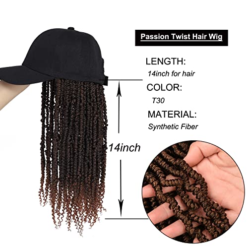 Hat Wig Short Baseball Cap Wig with Pre-Twisted Black Brown Passion Twist Hair Extensions Synthetic Small Curly Ends Wig Hat Adjustable Black Baseball Hat Wig for Black Women (14inch, T30) - Image 5