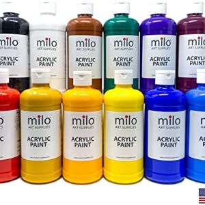 milo Acrylic Paint Set of 12 Colors | 16 oz Bottles | Student Primary Colors Acrylics Painting Pack | Made in the USA | Non-Toxic Art & Craft Paints for Artists, Kids, & Hobby Painters