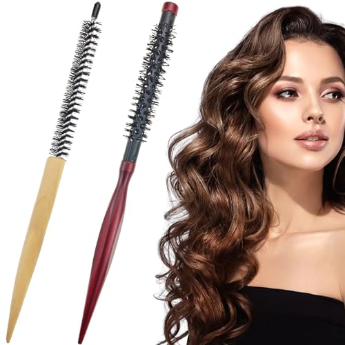 2 PACK Small Round Brush for Blow Drying, Mini Round Wood Brush Roller Quiff Hair Combs, Small Nylon Bristles Hair Brush Bristles Styling Hair Brush for Curling, Short Hair, Thin Hair