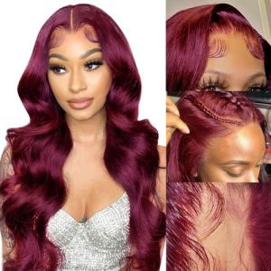 99j Burgundy Body Wave Lace Front Wigs for Black Women Human Hair Glueless Wine Red Colored Body Wave Wigs Pre Plucked with Baby Hair 180% Density 13x4 HD Transparent 99J Lace Frontal Wigs 30 inch