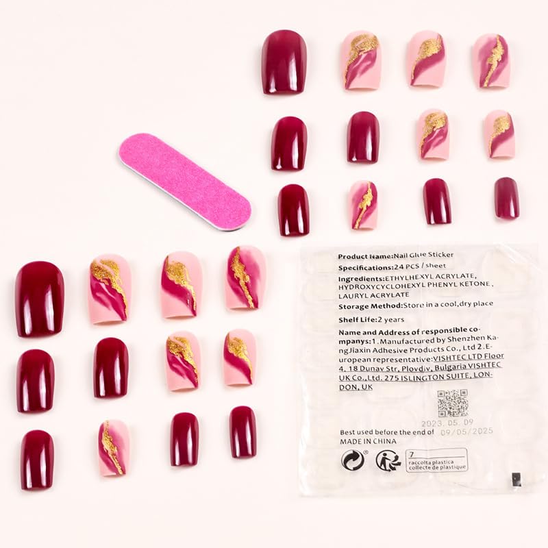 Long Coffin Purple Burgundy Marble Press On Nails Acrylic Kit 24pc With Glue - Image 4