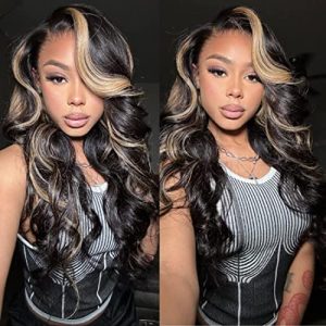 KLAIYI 20 Inch Chocolate Brown Blonde Ombre Body Wave Lace Front Wig