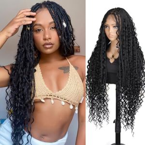 KRALER 36 inch Boho Braided Wigs for Black Women, Bohemian Knotless Full Double Lace Box Braid Wig, Boho Box Braids Wigs with Curly Hair
