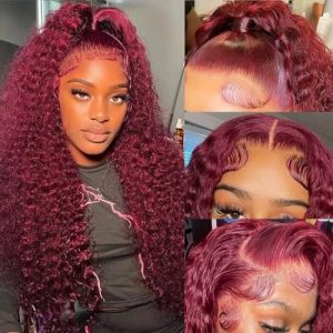 Burgundy 99J Deep Wave 28 Inch 250% Density Human Hair Lace Front Wig