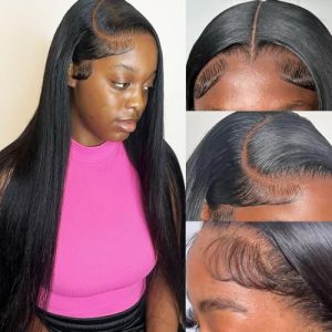 13x4 HD Transparent Lace Front Wigs Human Hair Silky Straight 180% Density Natural Black Color Glueless Frontal Lace Human Hair Wigs Pre Plucked with Baby Hair for Black Women Bleached Knots 22inch