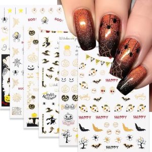 6 Sheets Halloween Nail Art Stickers Bronzing Gold Ghost Decals Stickers 3D Self-Adhesive Star Skull Nail Sticker Luxury Pumpkin Spider Witches Design Nail Supplies for Girls Acrylic Nail Decoration