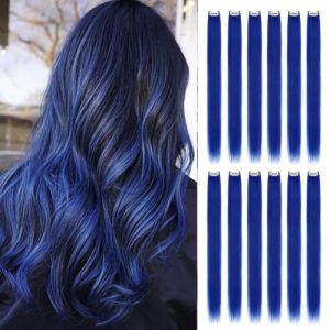 12 PCS Colored Blue Hair Extensions Clip in Hair Extensions Colorful 24 Inch Straight Synthetic Hairpiece Colored Hair Extensions for Kids Girls Women Party Highlights