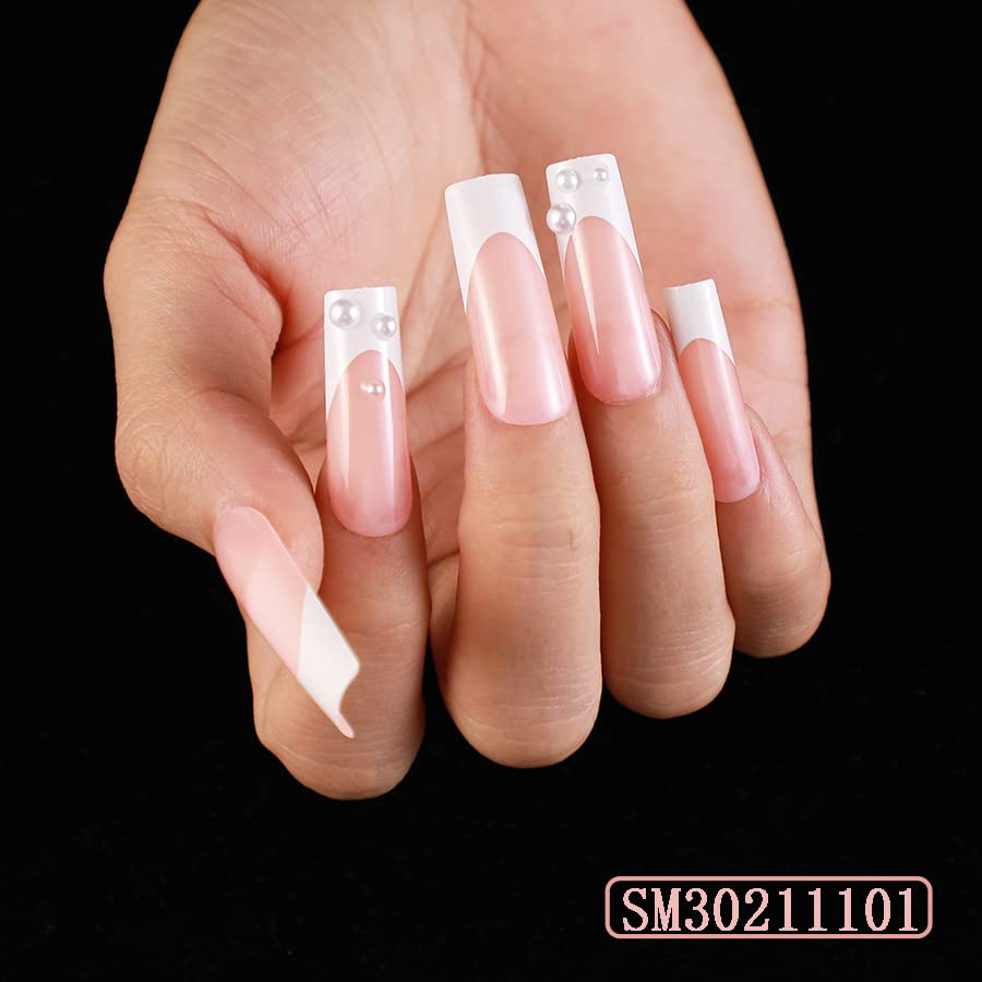 YOSOMK French Tip Press on Nails Long Fake Nails with Pearl Design Press On Coffin Acrylic Matte False Nails for Women Stick on Nails With Glue on Static nails - Image 6