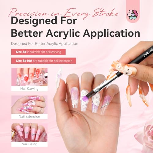SAVILAND Acrylic Nail Brush Professional: Size 6,8,10 Nail Brushes for Acrylic Powder Application Black Round Shaped Nail Art Brush with Sturdy Handle Manicure Tools Extension Carving for Home Salon - Image 3