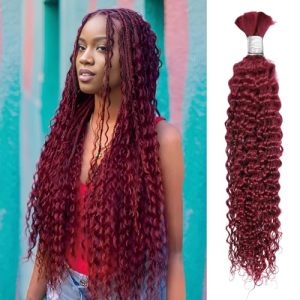 Human Braiding Hair 1 Bundle 50g 18 Inch Deep Water Wave Bulk Human Hair for Braiding No Weft 10A Brazilian Virgin Curly Human Hair Extensions for Boho Braids Wet and Wavy Red Burgundy Braiding Hair