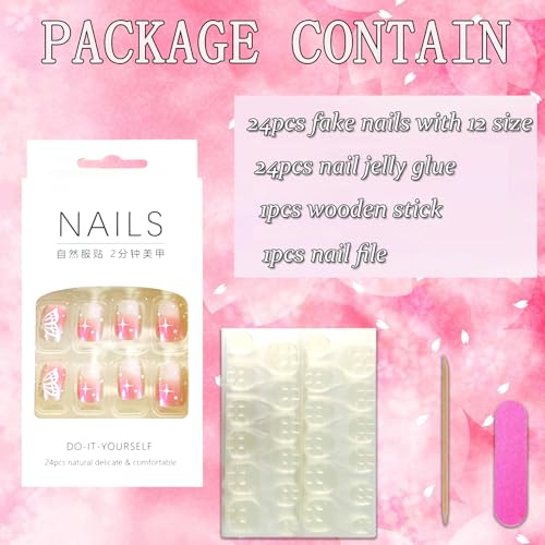 Vezocim Nude Press on Nails Square Short, 24Pcs Glossy Artificial Cute Fake Nails with Butterfly Designs, Full Cover Acrylic Coffin False Fingernails with Charm for Women Girls - Image 4