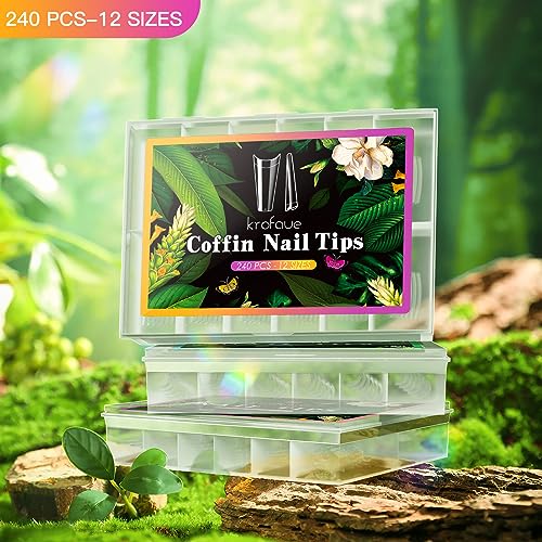 krofaue Coffin Nail Tips - Half Cover Nail Tips 240PCS Soft Gel Nail Tips Professional Clear Nail Tips 12 Sizes Ballerina False Fake Style Manicure with Box for Nail Tips Art Salons and Home DIY - Image 2