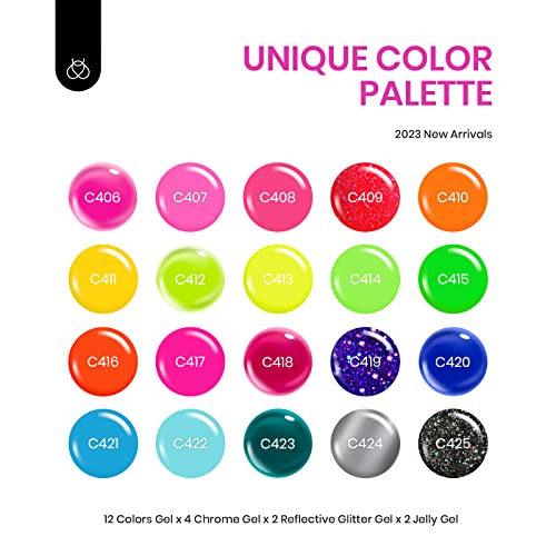Beetles 20 Colors Gel Art Kit with 3Pcs Base Gel Glossy Top Coat and Nail Glue 7Pcs Mirror Effect Metal&6 Colors Holographic Glitter Cat Eye Gel Polish Kit with Magnet Romantic - Image 3