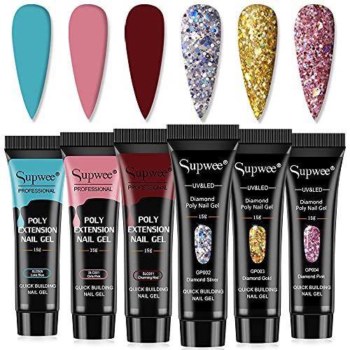 Glitter Poly Nail Gel Set 6 Colors Builder Nail Extension Gel Diamond Nail Extender Gel Kit with Poly Nail Forms Varnish Soak Off UV Gel Manicure Nail Salon Set