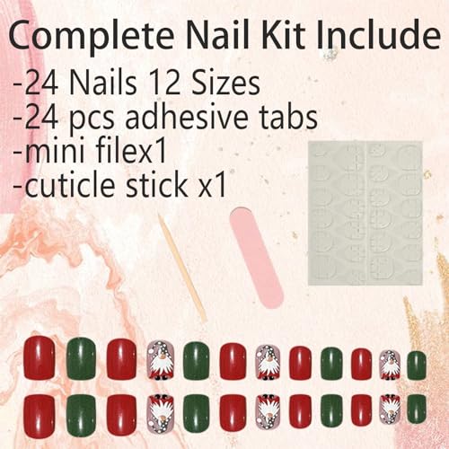 24Pcs Holiday Christmas Press on Nails Square Short Fake Nails Santa Claus False Nails Xmas Green Red Glue on Nails Winter Xmas Design Full Cover Acrylic Artificial Nails for Women Nail Decorations - Image 7