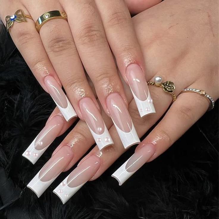 YOSOMK French Tip Press on Nails Long Fake Nails with Pearl Design Press On Coffin Acrylic Matte False Nails for Women Stick on Nails With Glue on Static nails