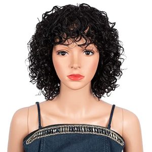 Short Curly Human Hair Wigs For Black Women Short Bob Curly Afro Wigs with Bangs Brazilian Human Hair None Lace Front Wigs for Black Women Natural Black Color (1B)