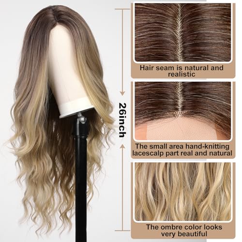 Long Ombre Brown mix Blonde Wavy Wig for Women,Middle Part Curly Wavy Wig,Natural Looking Synthetic Heat Resistant Fiber Wig for Daily Party Use 26IN… - Image 4