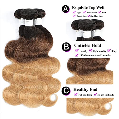 Ombre Human Hair 3 Bundles Body Wave T1B-4-27 Brazilian Human Hair Bundles 100% Unprocessed Virgin Remy Human Hair Bundles Double Weft Light Brown Mixed Blonde Human Hair Weave(22 24 26) - Image 6