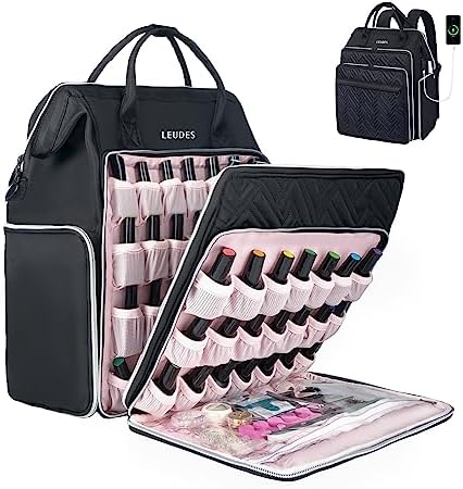 Leudes Nail Polish Organizer Holder 77 Bottles Storage for Nail Techs Supplies Nail Bag Case Backpack with USB Charging Port
