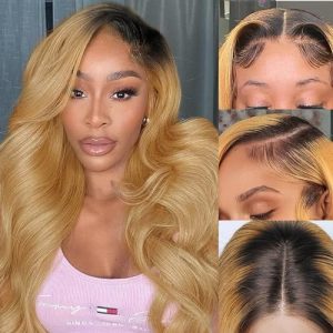 FABA Dark Roots Blonde Human Hair Wig 22 Inch Honey Blonde Lace Front Wigs Human Hair 13x4 Ombre Body Wave Lace Front Wigs Human Hair 180% Density 1B/27 Wigs Human Hair Pre Plucked with Baby Hair