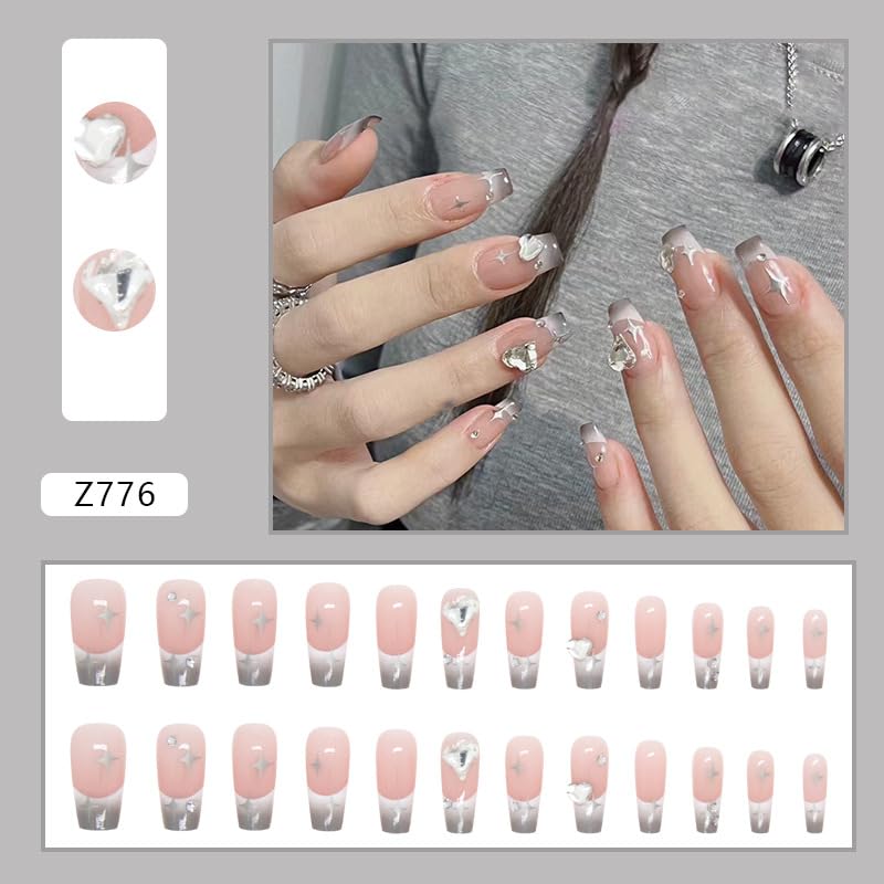 24Pcs Press on Nails Medium-length Kits 12 Sizes French Nail Tip Square Full Cover with Nail Tools,Reusable UV Finish Full Cover Stick on Nails for Women Girls (Smoky Gray Gradient French) - Image 2