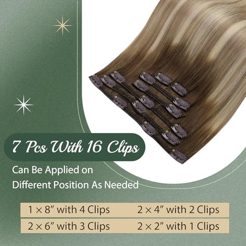 Ugeat 18 Inch Ombre Clip-In Human Hair Extensions Dark Brown to Ash Blonde Balayage 7pc Set 120g - Image 3