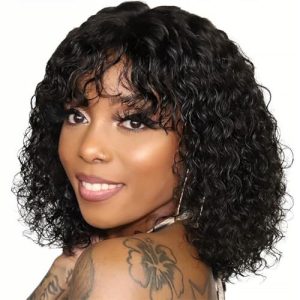 Short Water Wave Human Hair Wig with Bangs Brazilian Non Lace Front Wig Human Hair for Black Women 150% Density Natural Black Glueless Curly Bob Wigs with Bangs (12 Inch)