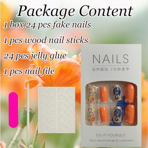 24Pcs Fall Maple Leaf Press on Nails Medium Coffin Fake Nails Maple Leaves Acrylic Glue on Nails Full Cover Orange Autumn Square False Nails Thanksgiving Stick on Nails for Women Holiday Manicure - Image 6
