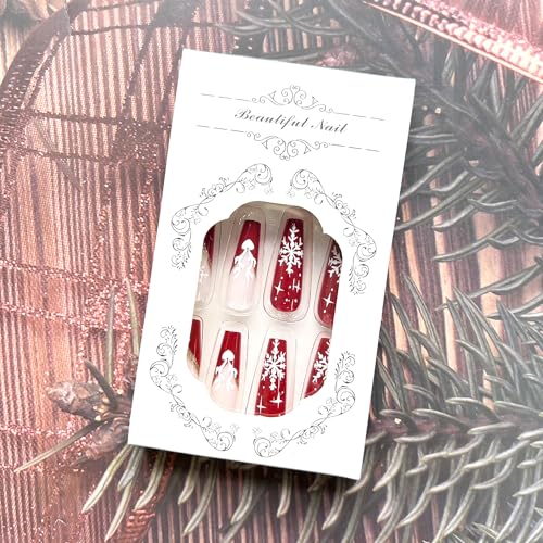 Christmas Extra Long Press on Nails Coffin Fake Nails with Designs Snowflake French Tips Acrylic Nails Full Cover Gold Shiny Red Stripe Glossy Artificial False Xmas Nails for Women 24Pcs - Image 3