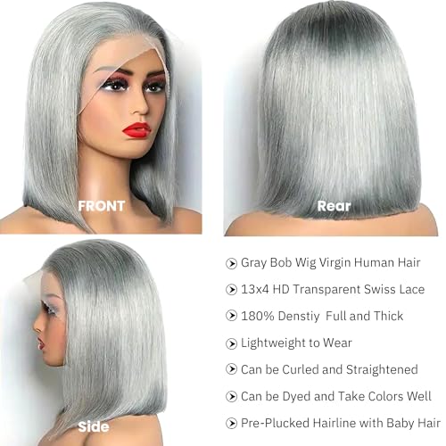 Bob Wig Human Hair Grey 13x4 Lace Front Wigs Human Hair Pre Plucked Hairline Middle Part Brazilian Virgin Human Hair Lace Front Wigs 14 Inch Bleached Knots Lace Front Short Bob Wig 180% Density - Image 2