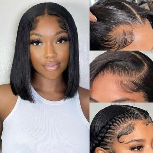 Bob Wig Human Hair 13X4 Lace Front Wigs Short Bob Wigs for Women Glueless with Baby Hair 180% Density Straight Natural Black 10 Inch