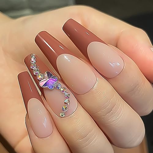 French Tip Press on Nails Long Coffin Nails for Women False Nails with Butterfly Design Acrylic Press on Glue on Nails Ballerina French Nails Gloss Artificial Stick on Nails 24PCS - Image 3