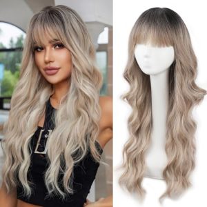 Brown Wig with Bangs Long Wavy Wig with Dark Roots for Women Curly Wavy Wig Synthetic Fiber Natural Looking Hair Replacement Wig for Daily Cosplay Party Use 26 Inches