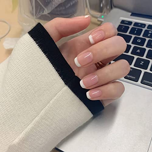 24 Piece Short Pink French Tip Glossy Full Cover Acrylic Press On Nails Set - Image 6