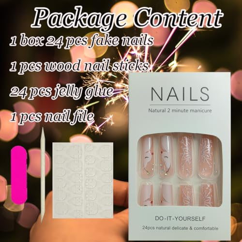 24 Piece Long Square Christmas Reindeer Rhinestone French Tip Acrylic Fake Nails Glitter Snowflake Xmas Set - Image 5