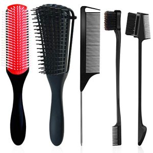 Detangling Shampoo Brush with Rattail Comb for Curly Hair, 9-Row Nylon Bristle Cushion Brush