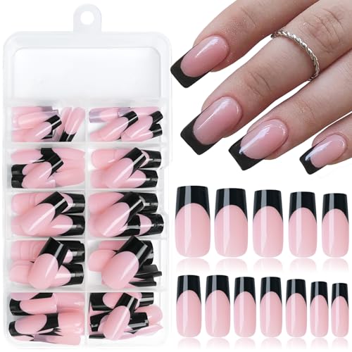 LoveOurHome 120pc French Press on Nails Long Fake Nail Short Press on Nail Square False Nail Black Acrylic French Tips Press quare Nail Short Artificial Nail & Glue Adhesive Tabs for Women Girls