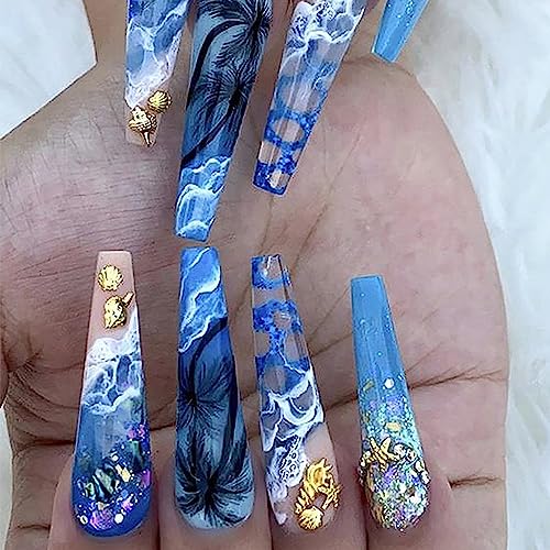 Super Long Press on Nails Coffin Fake Nails Summer Light Blue Nails Press on False Nails with Glitter 3D Gold Sea Ocean Wave Coconut Tree Shell Conch Design for Women Girls DIY Nail Charms Decorations