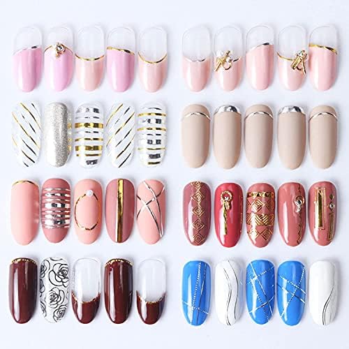 French Line Nail Art Stickers Decals 8 Sheets 3D Self-Adhesive Metal Curve Stripe Lines Design Nail Decorations Half Moon, Wave Line, Metallic Chains Line and Star for Women Acrylic Nail Supply - Image 6